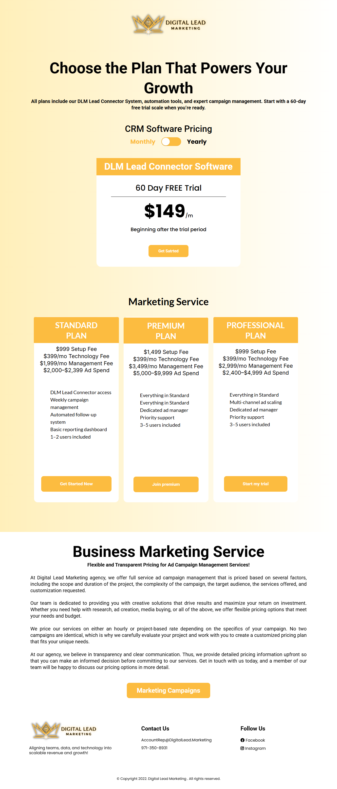 Digital Lead Marketing pricing page screenshot