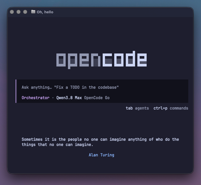 OpenCode TUI home screen with a random quote in the footer