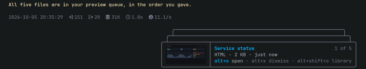 The agent queued five files; the card above the prompt shows the newest