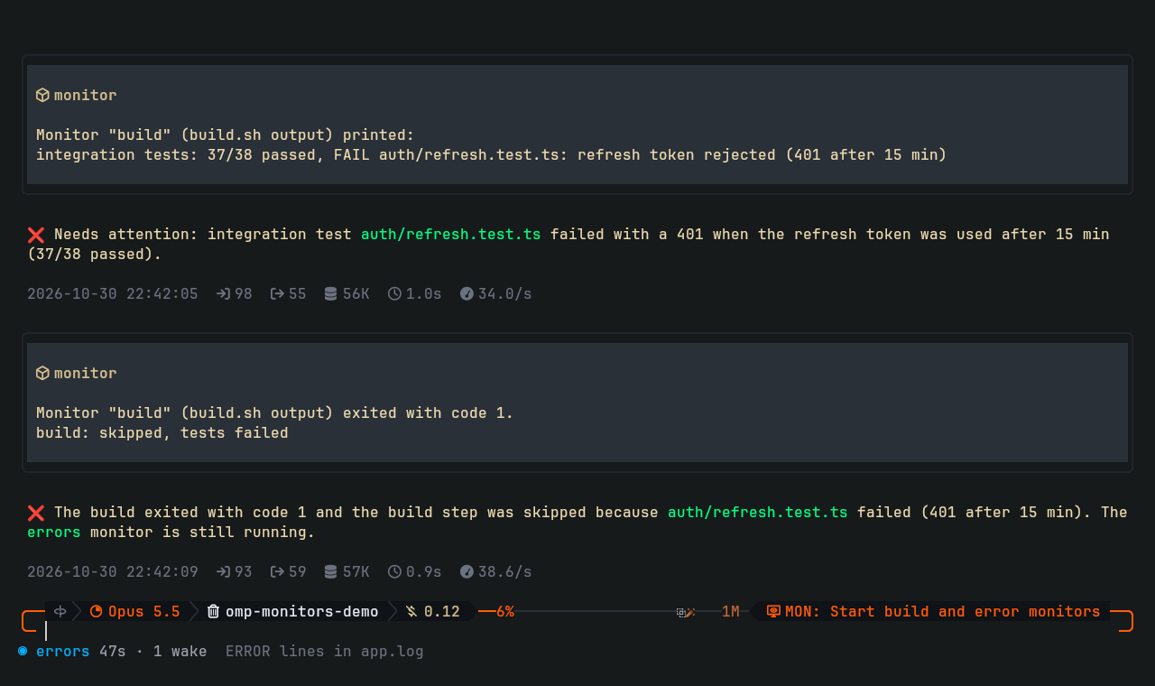 A build monitor reports a failing test, then exits with code 1; the agent explains both