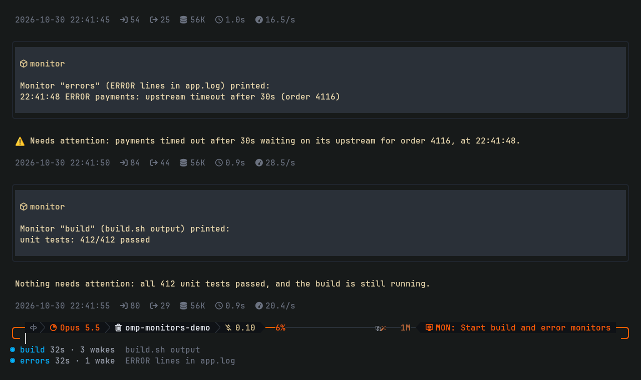 Two monitors running, listed below the editor