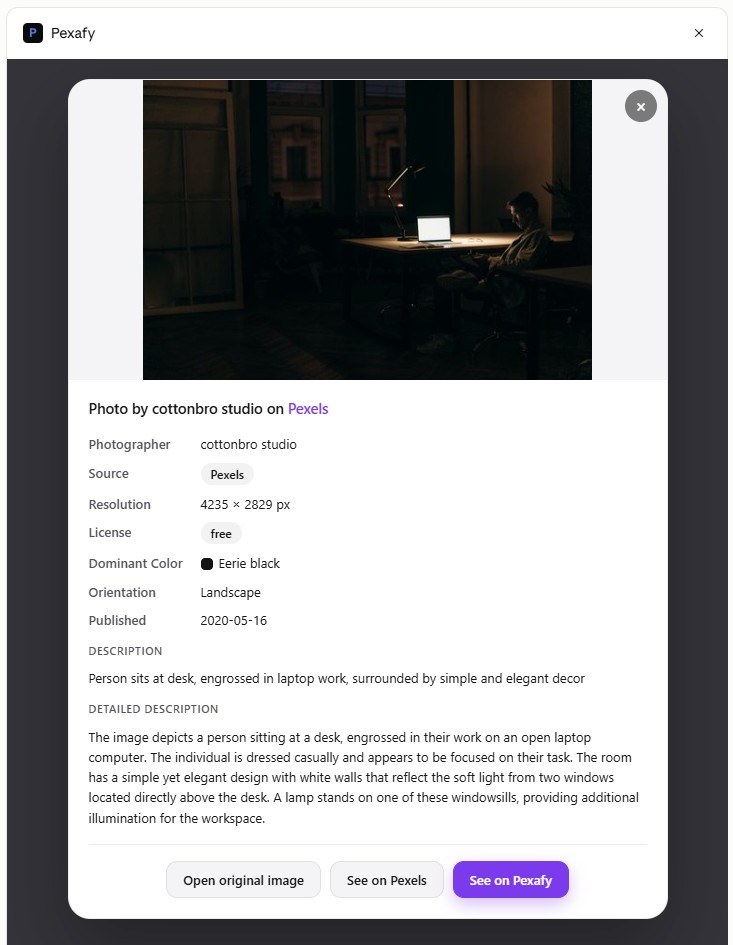 The detail panel: photographer, source, resolution, licence, dominant colour, orientation and description