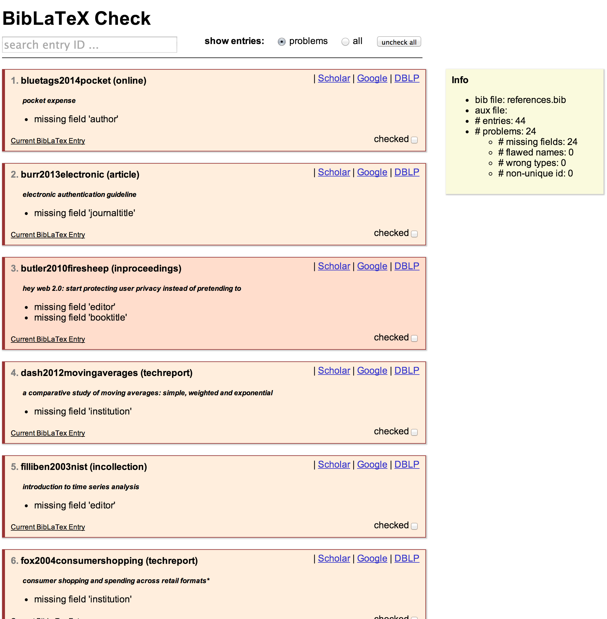 Screenshots of the BibLatex check screen