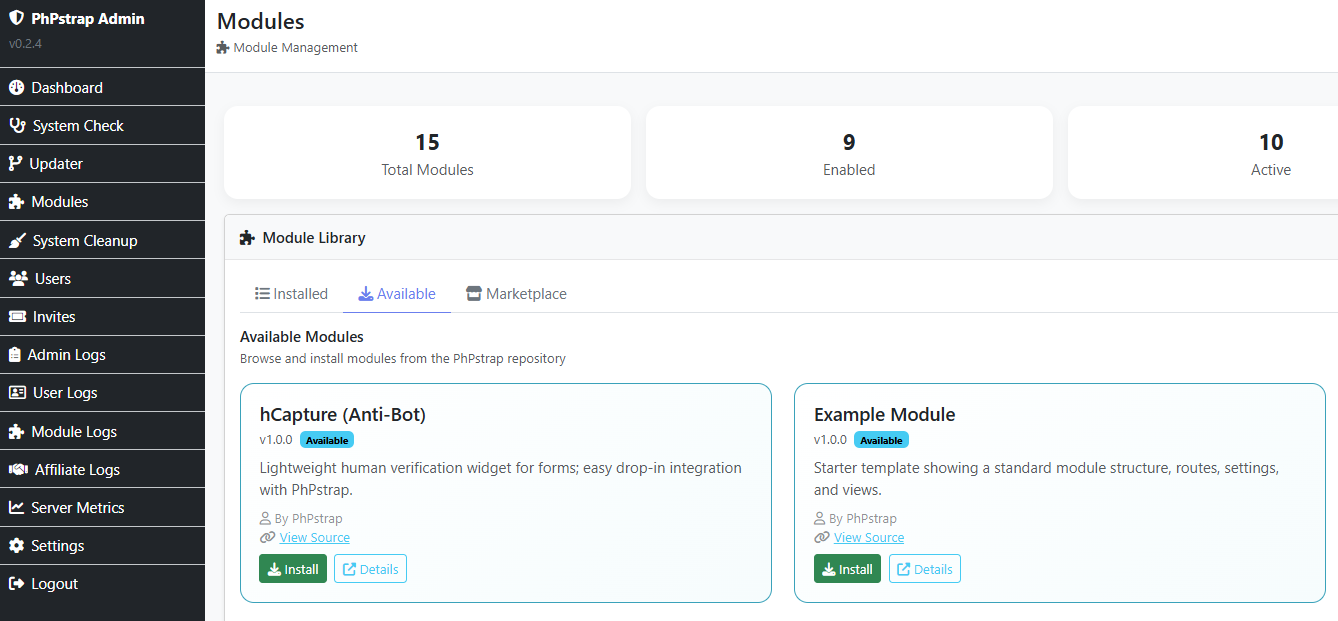PhPstrap available modules screenshot