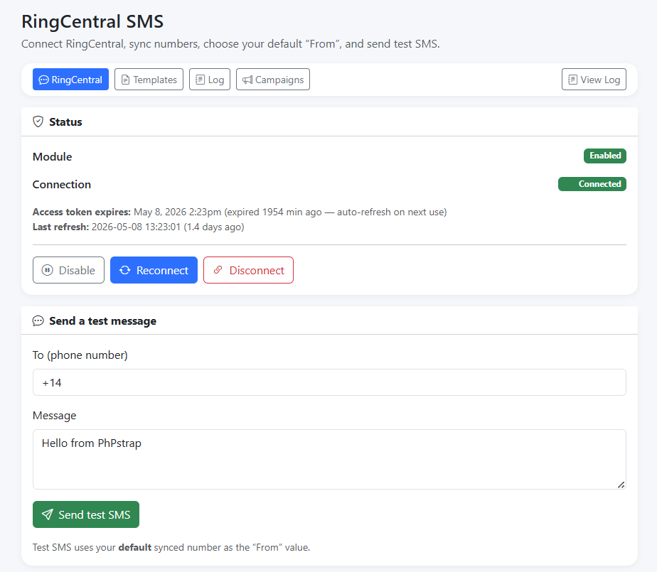 PhPstrap RingCentral SMS module screenshot