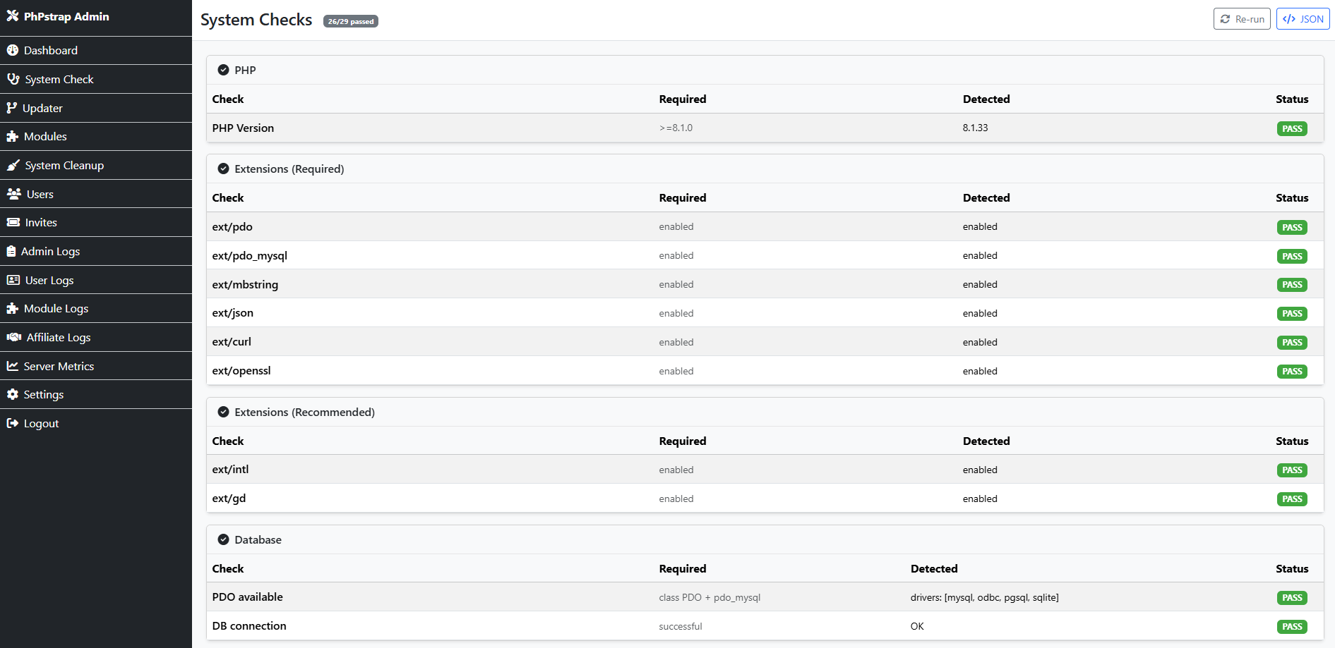 PhPstrap system checks screenshot