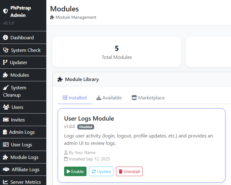 PhPstrap installed modules screenshot