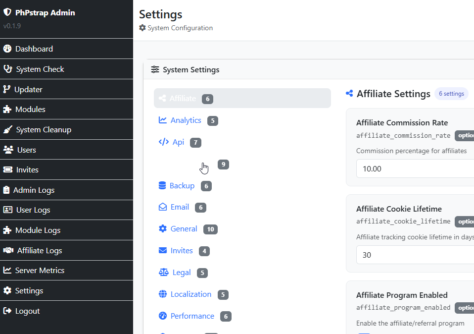 PhPstrap settings categories screenshot