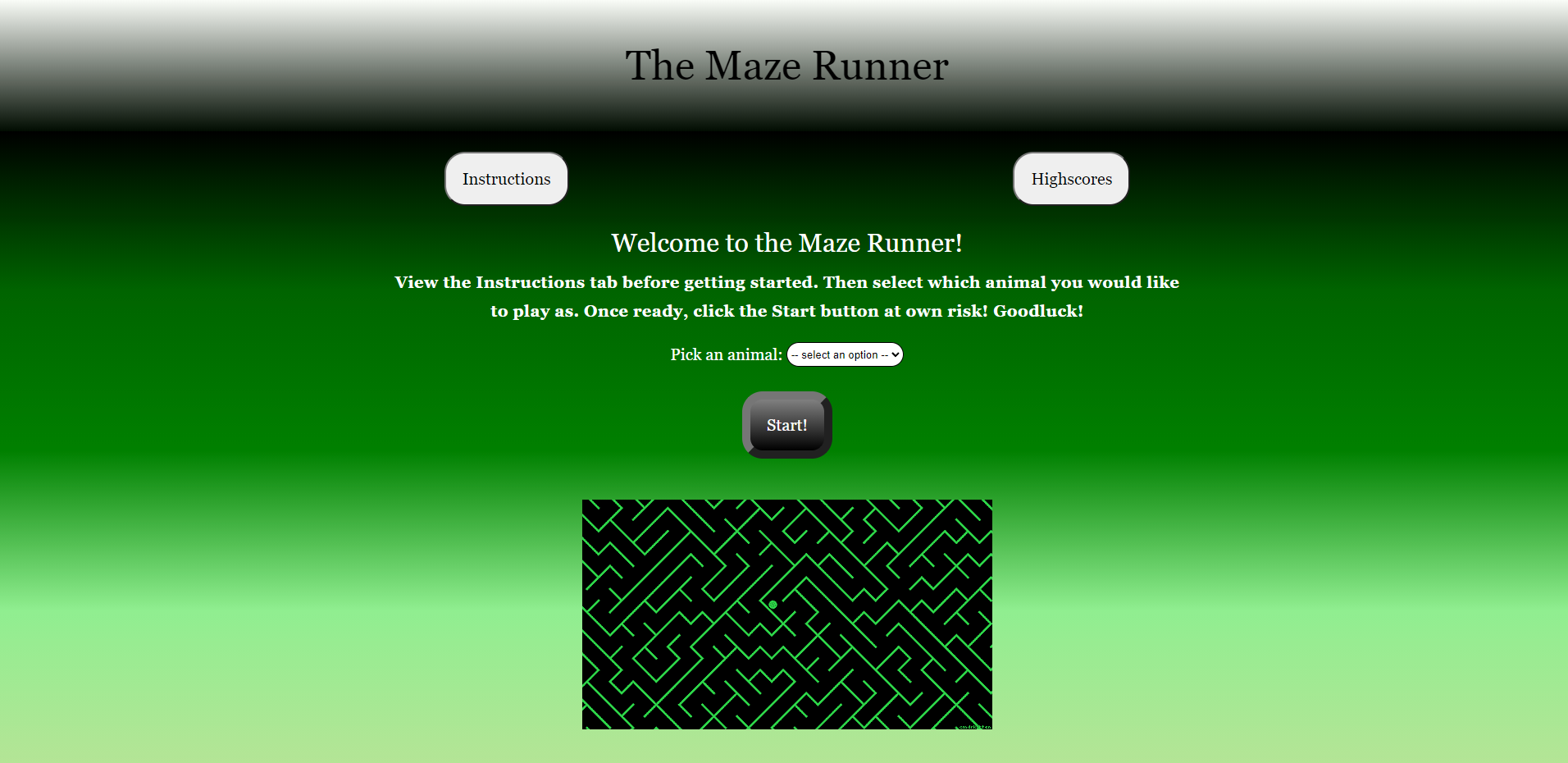 Landing Page for Maze Runner