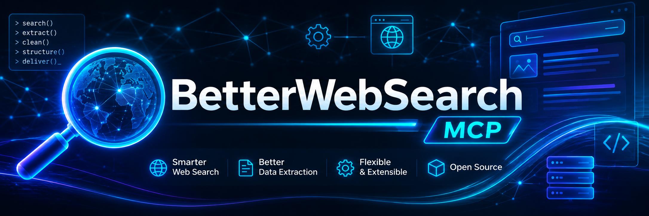 BetterWebSearch MCP — Smarter Web Search · Better Data Extraction · Flexible & Extensible · Open Source