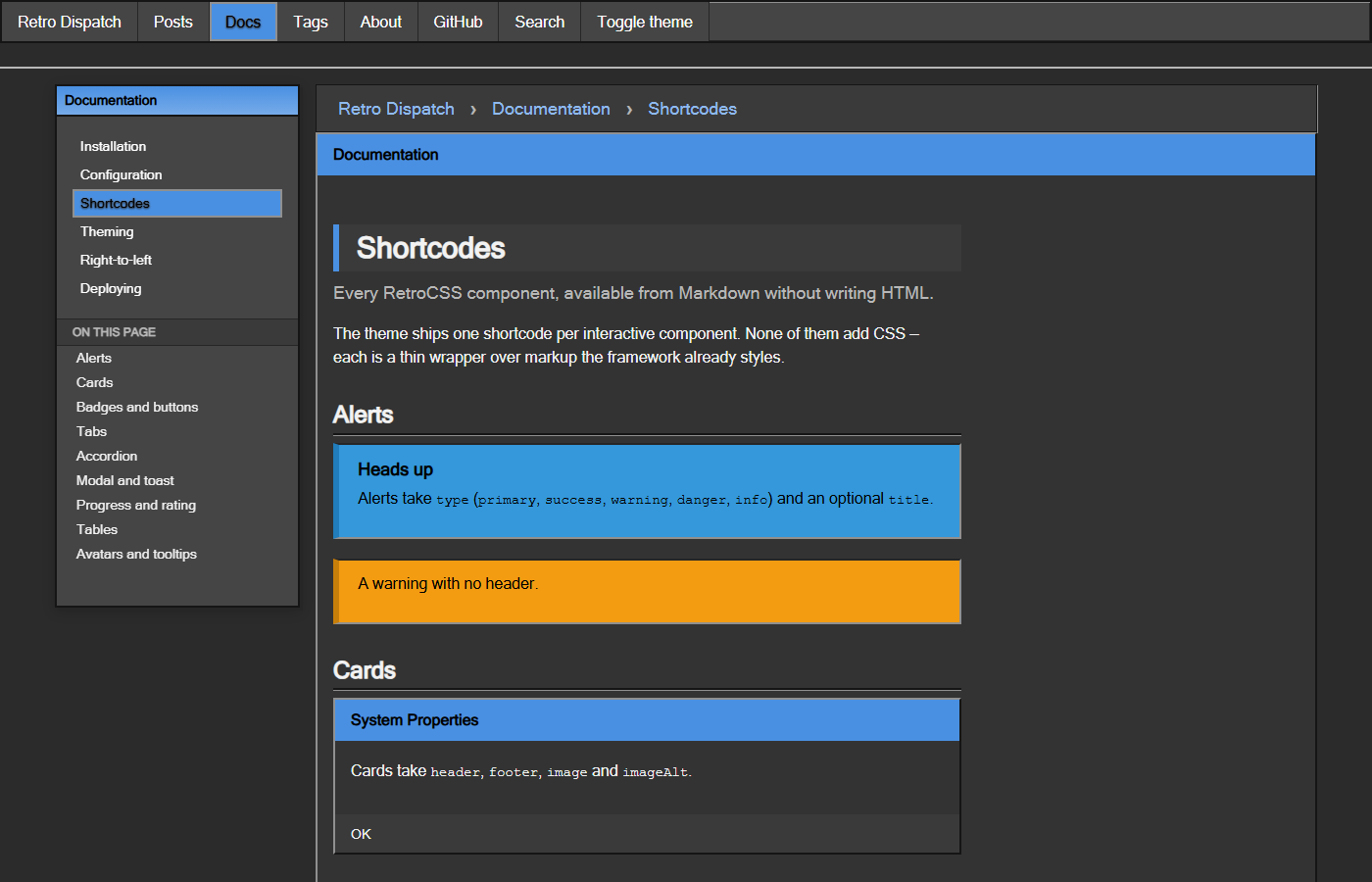 A documentation page in dark mode: section tree, in-page contents, and the shortcode gallery showing alerts and cards
