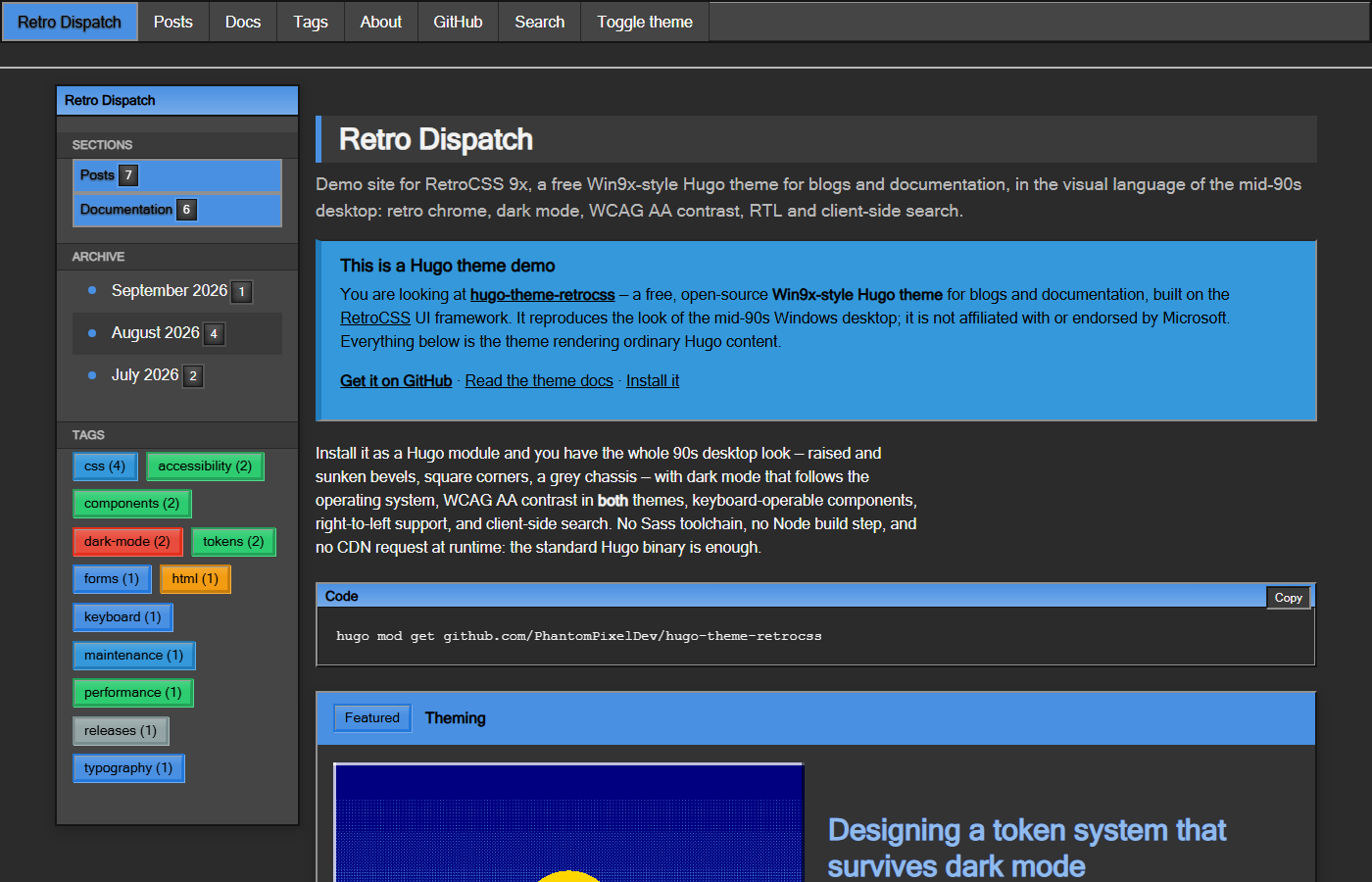 Home page in dark mode: sidebar with sections, archive and tag cloud, a featured post card, and a grid of post cards