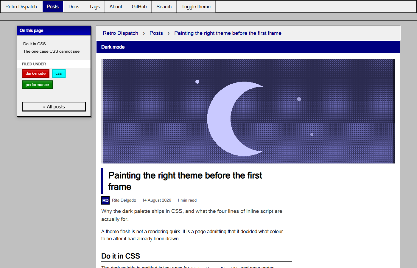 A blog post in light mode: breadcrumbs, hero image, byline, prose, and a code block with a 90s-style title bar