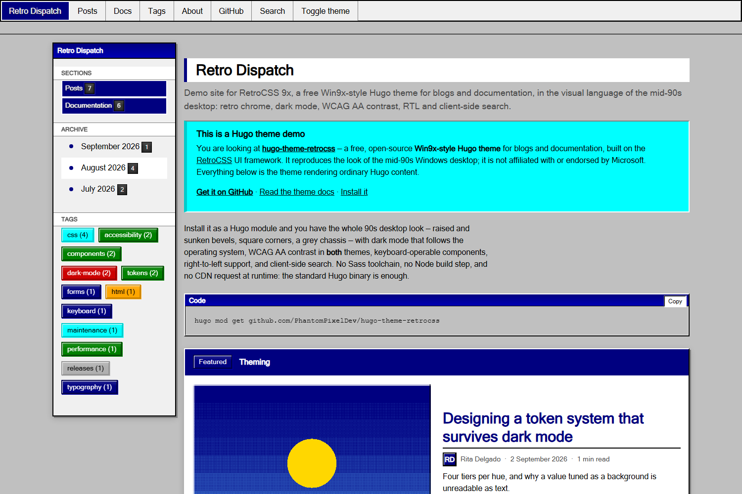 The demo site in light mode