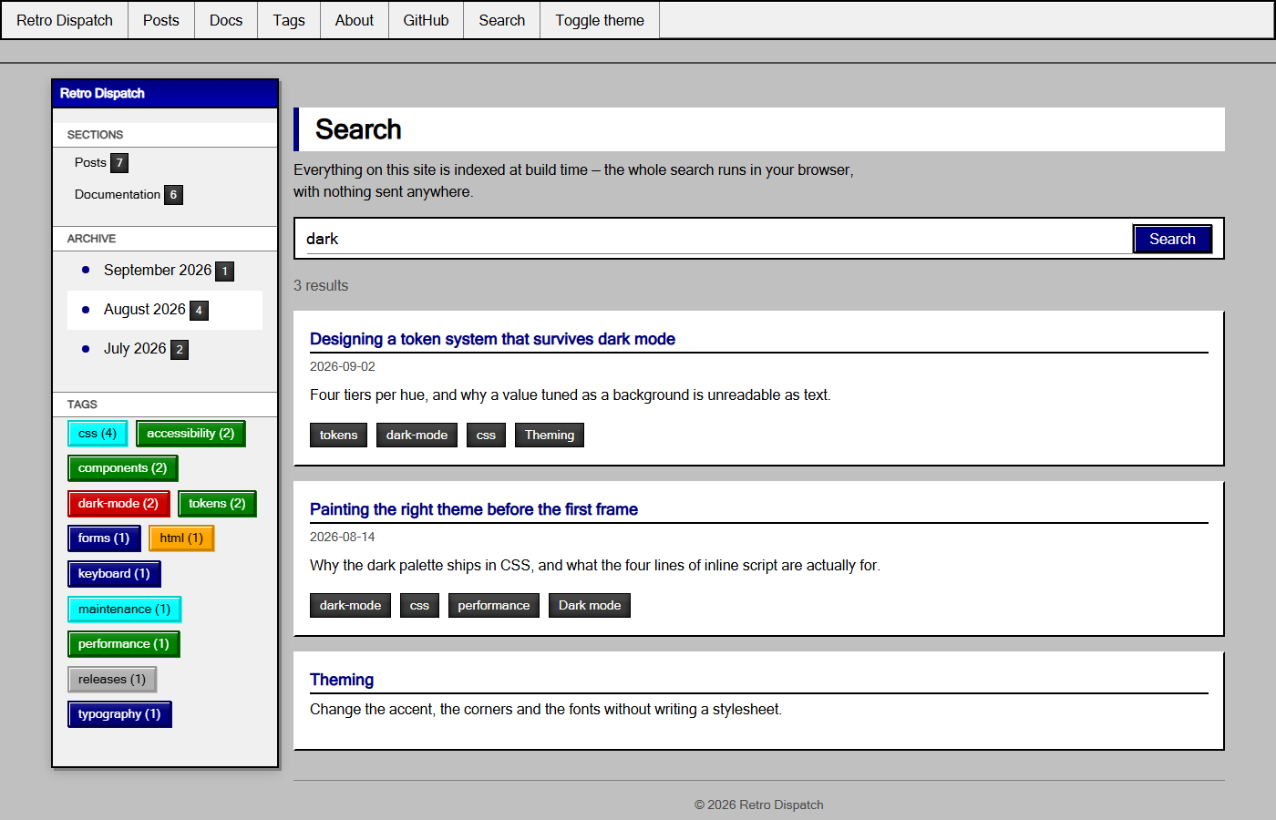 The search page in light mode showing three ranked results for the query "dark"