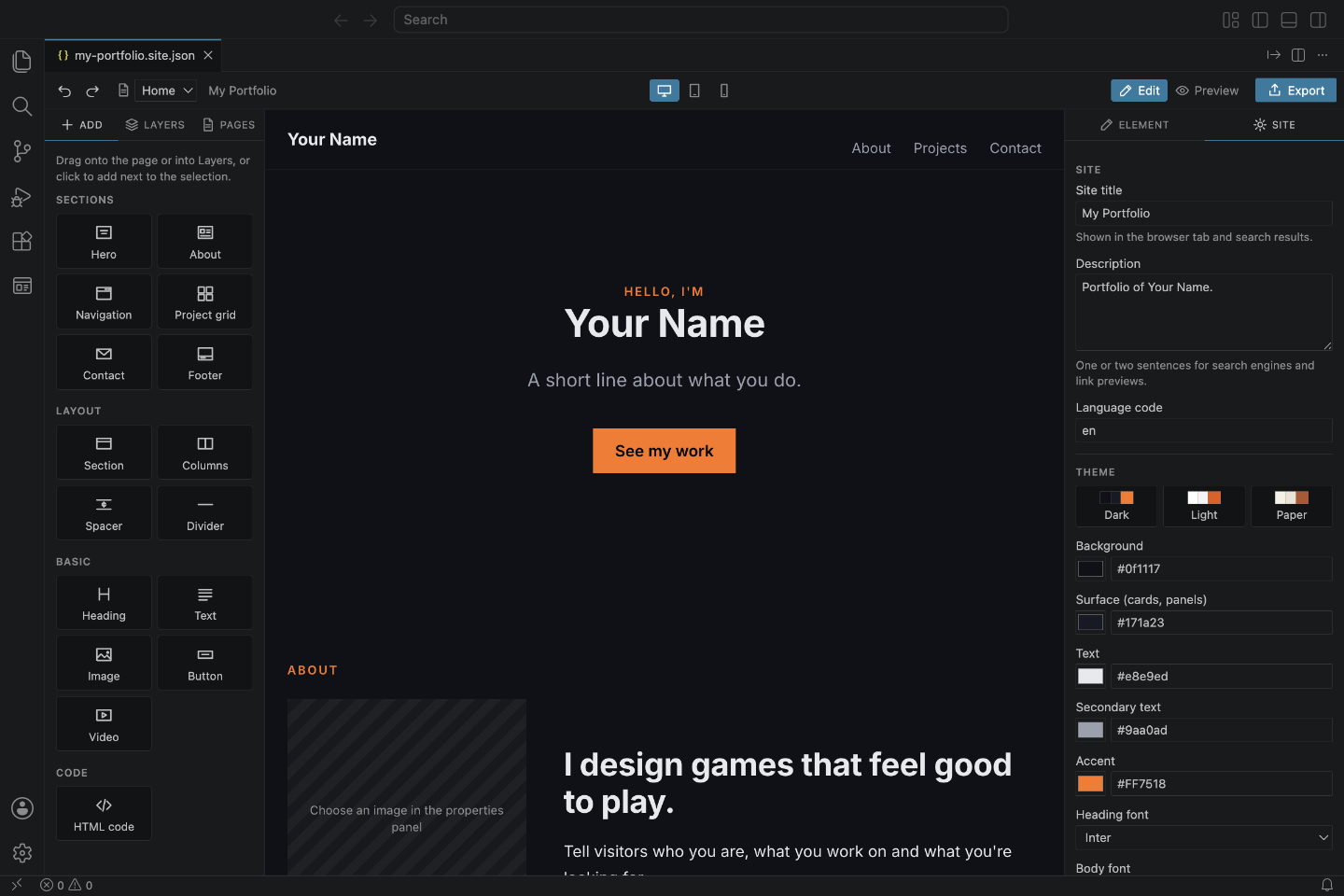 The four parts of the editor: elements to add on the left, the page in the middle, settings on the right
