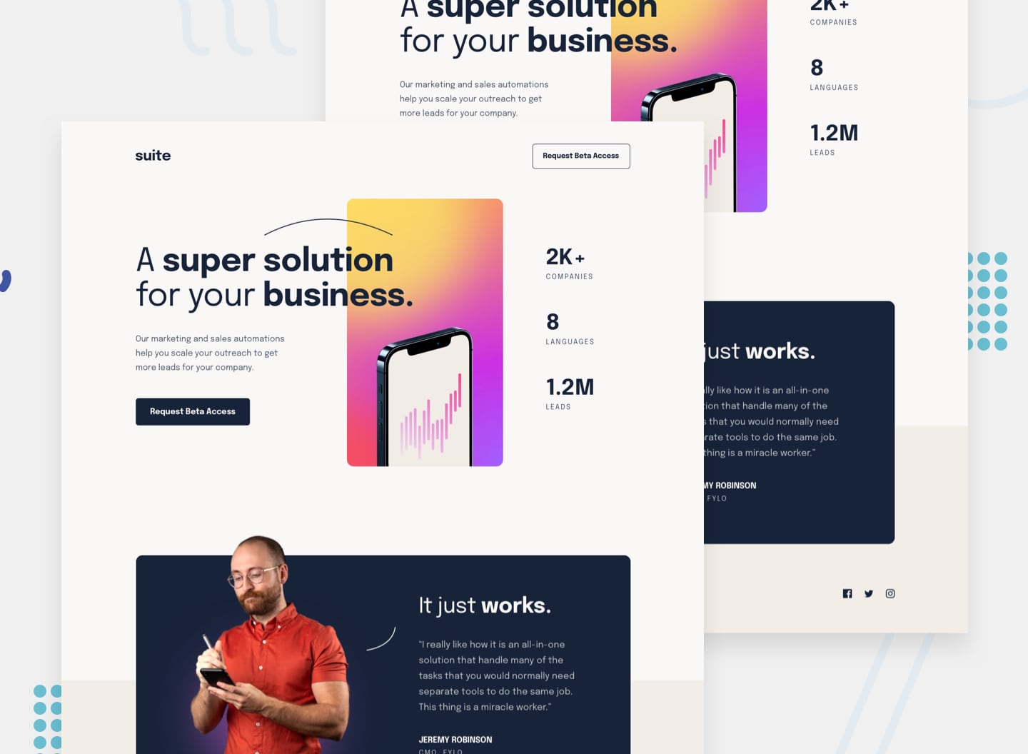Design preview for the Suite landing page coding challenge