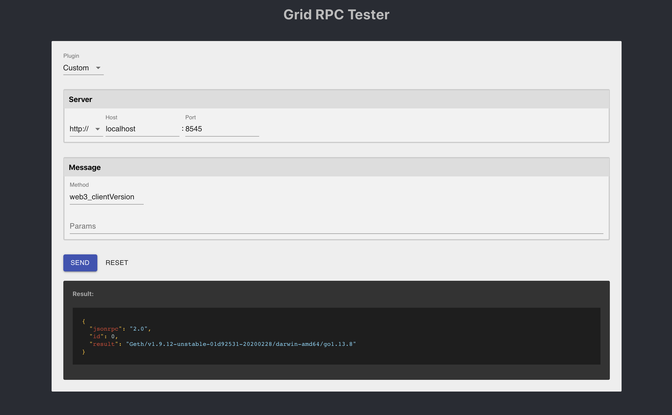 RPC Tester UI screenshot