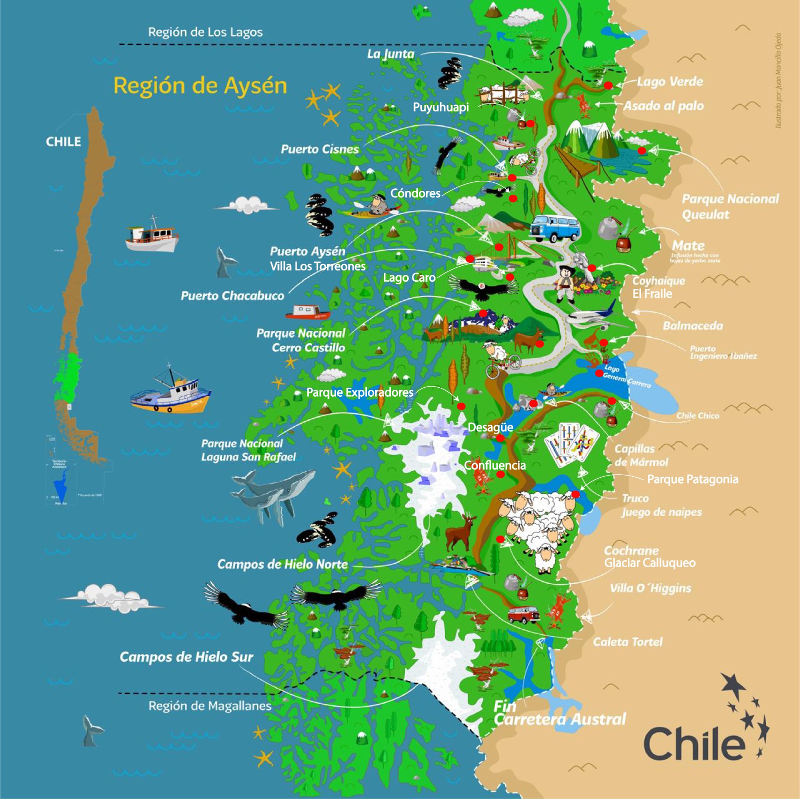 Mapa ilustrado de la Región de Aysén, Carretera Austral