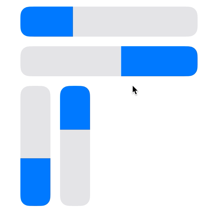 Animation of TactileSliders in various orientations being clicked and dragged in the iOS simulator, followed by a transition from light to dark appearance