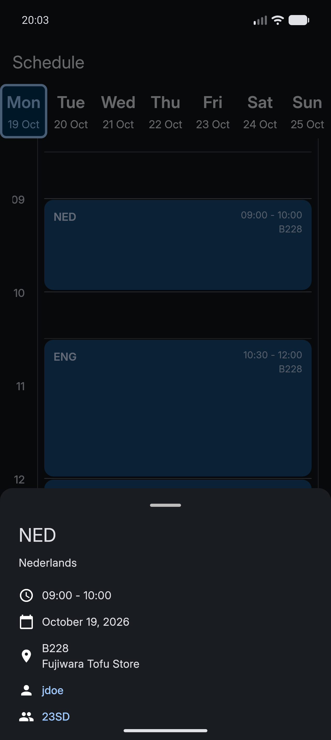 Schedule extra info screen