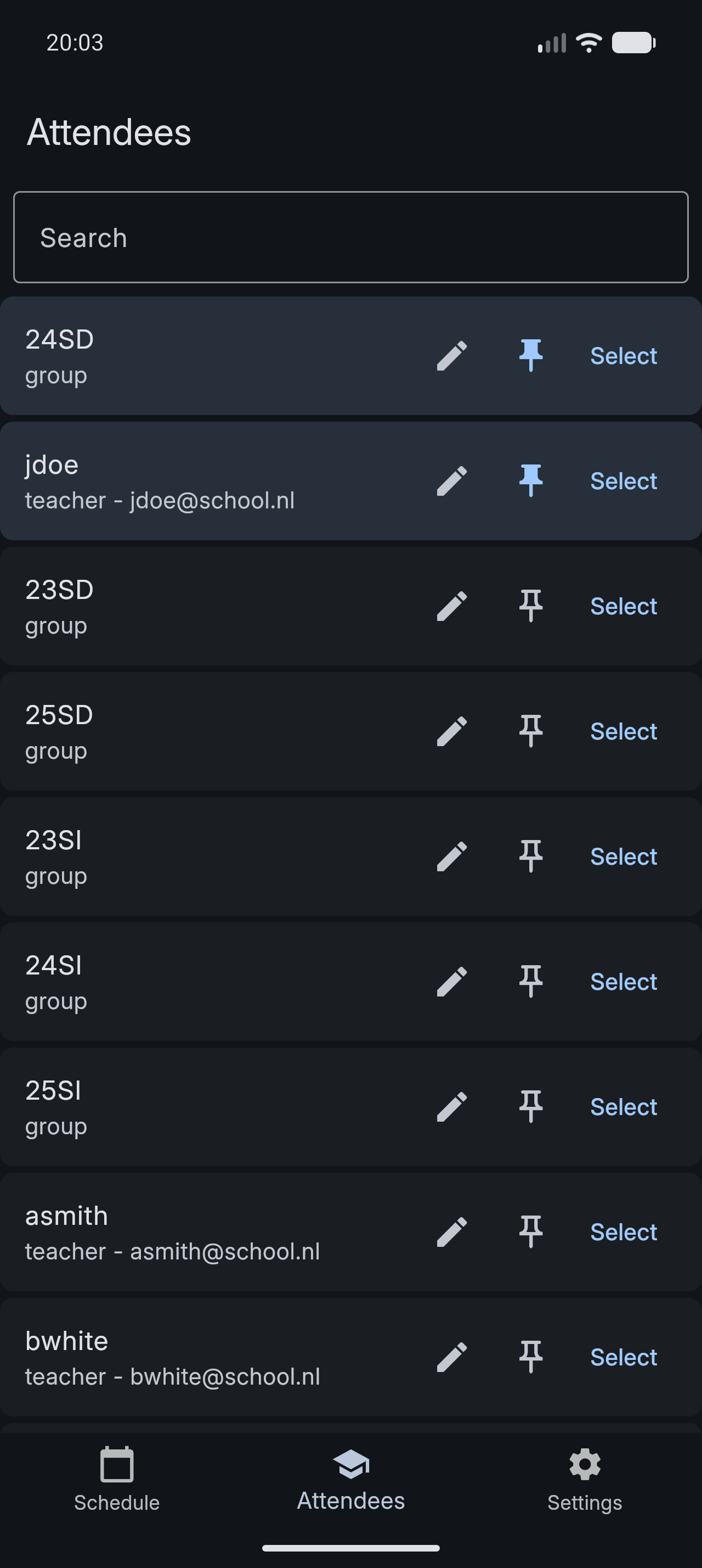Attendees screen