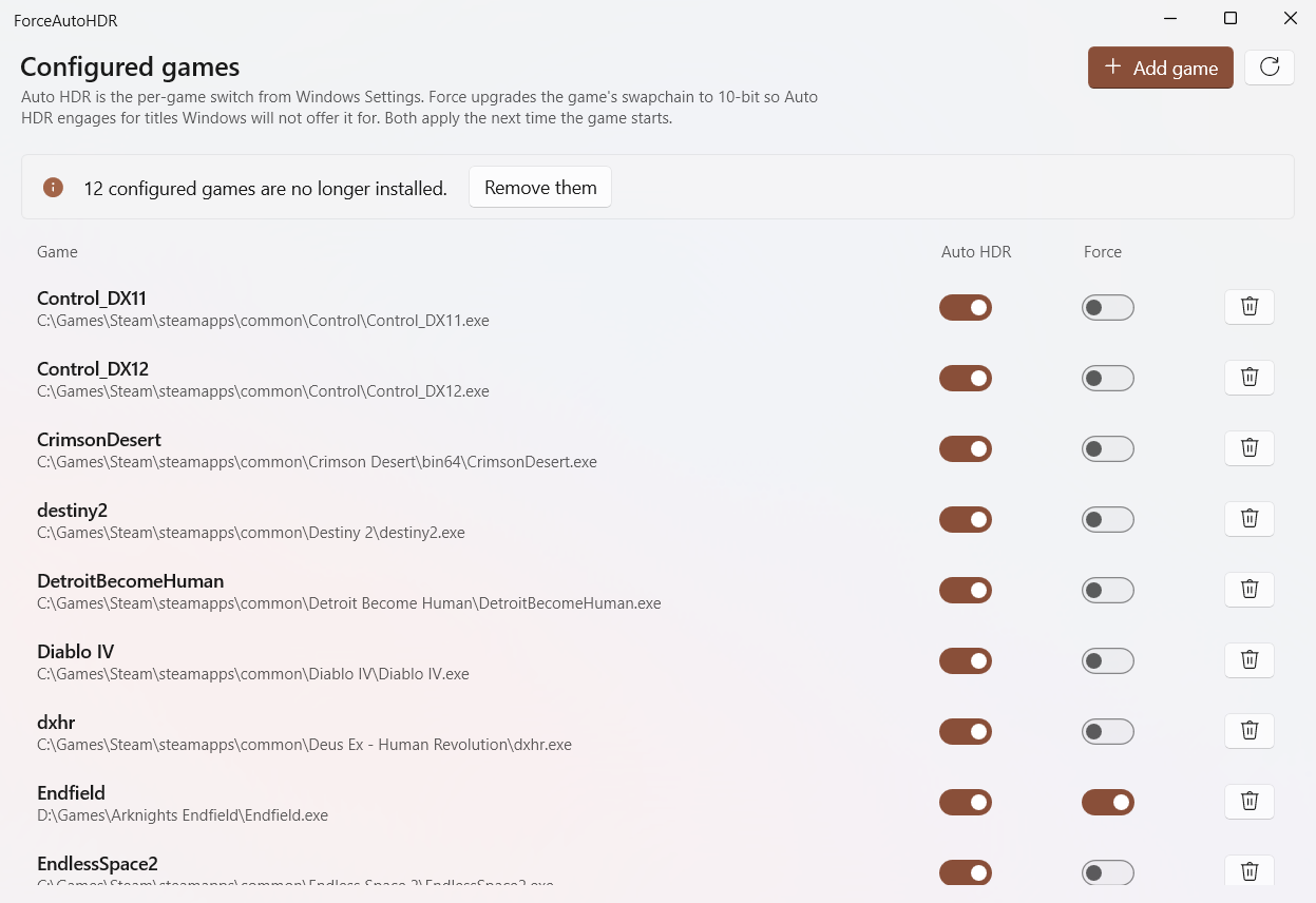 The ForceAutoHDR window: one row per configured game, with an Auto HDR and a Force switch on each
