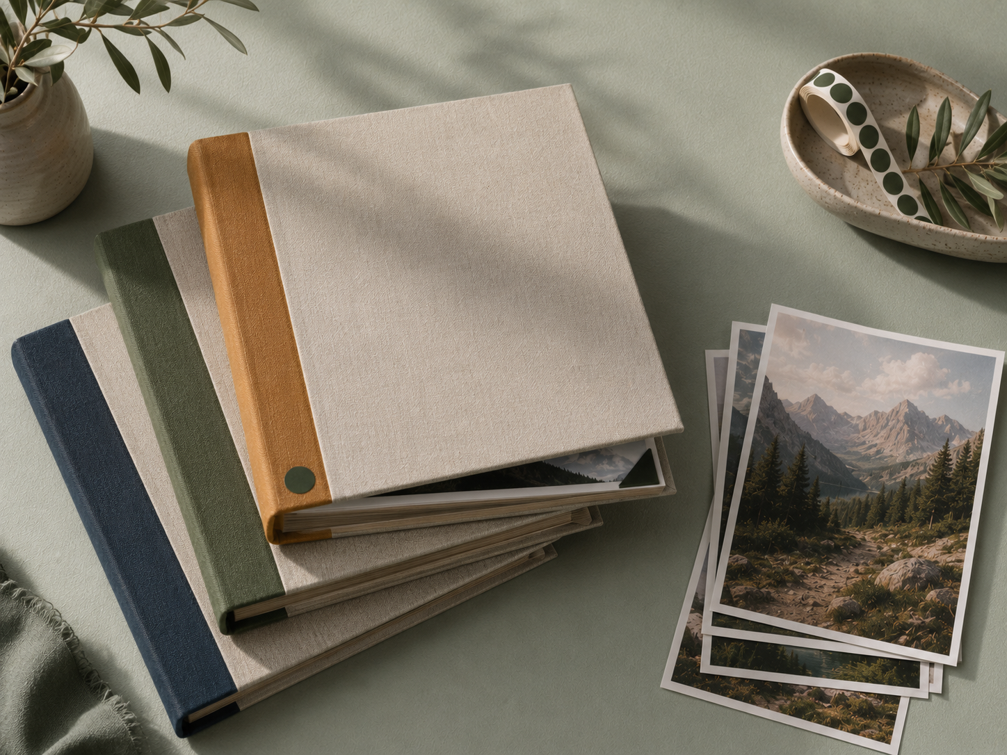 Stacked photo albums with coloured fabric spines