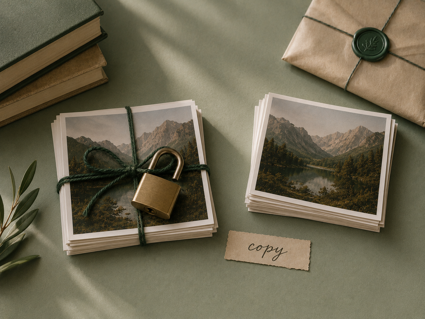 Bundle of photo prints with a brass padlock and a copy beside it