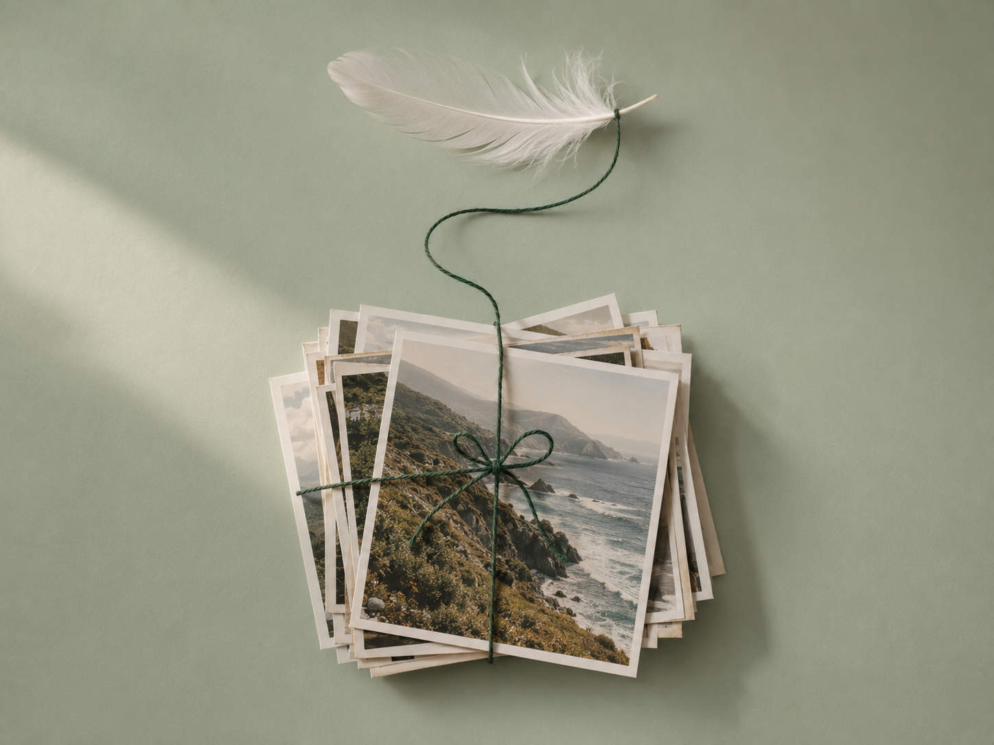 Stack of photo prints connected by thread to a white feather