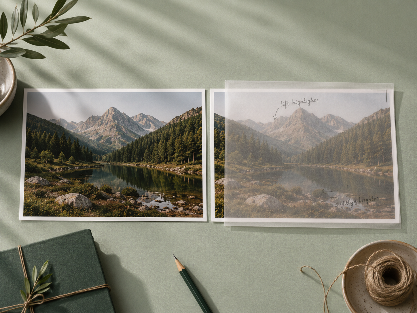 Tracing paper overlay with pencil notes on a photo print