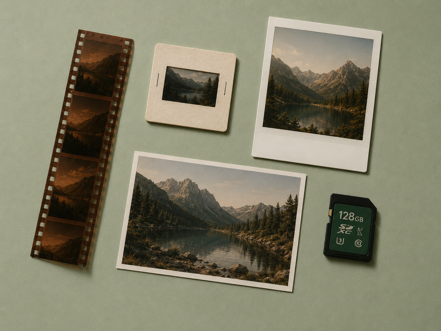 Various photographic media — film negative, slide, Polaroid, print, SD card