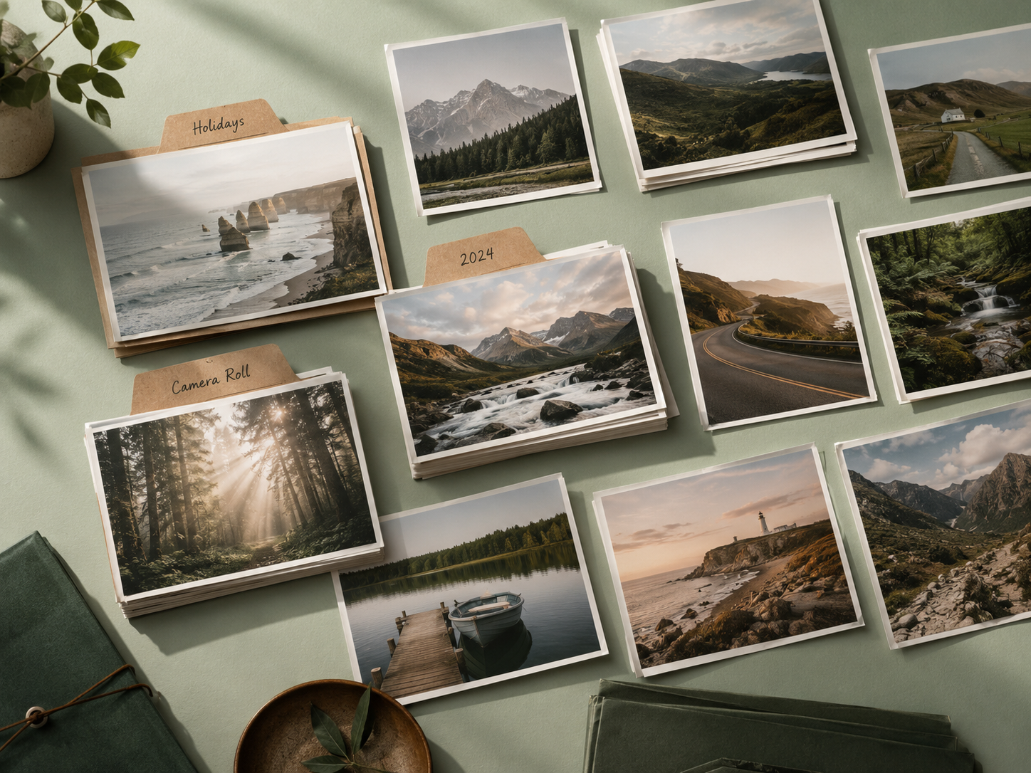 Organised photo prints laid out on a warm surface
