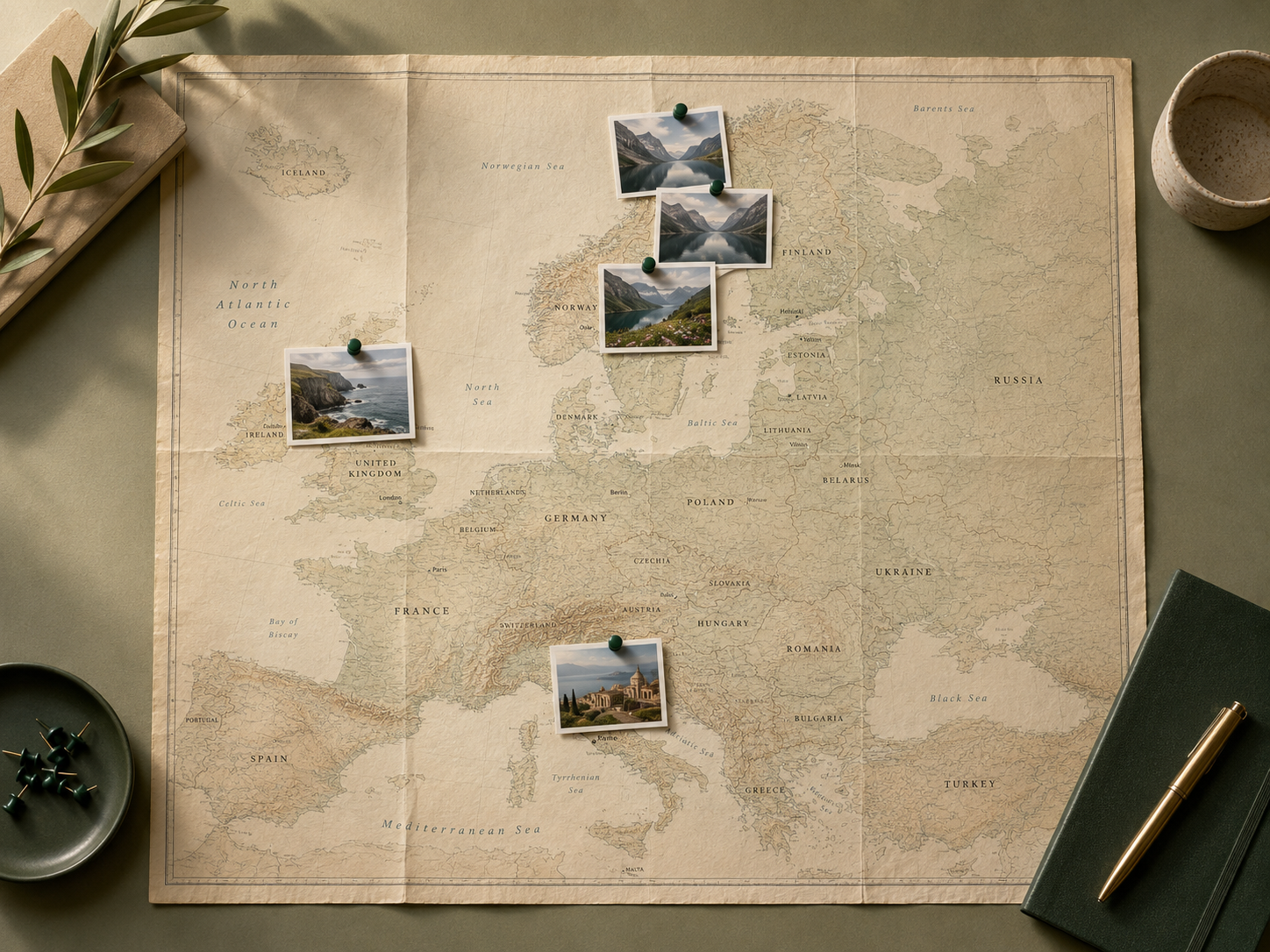 Paper map of Europe with photo prints pinned at locations