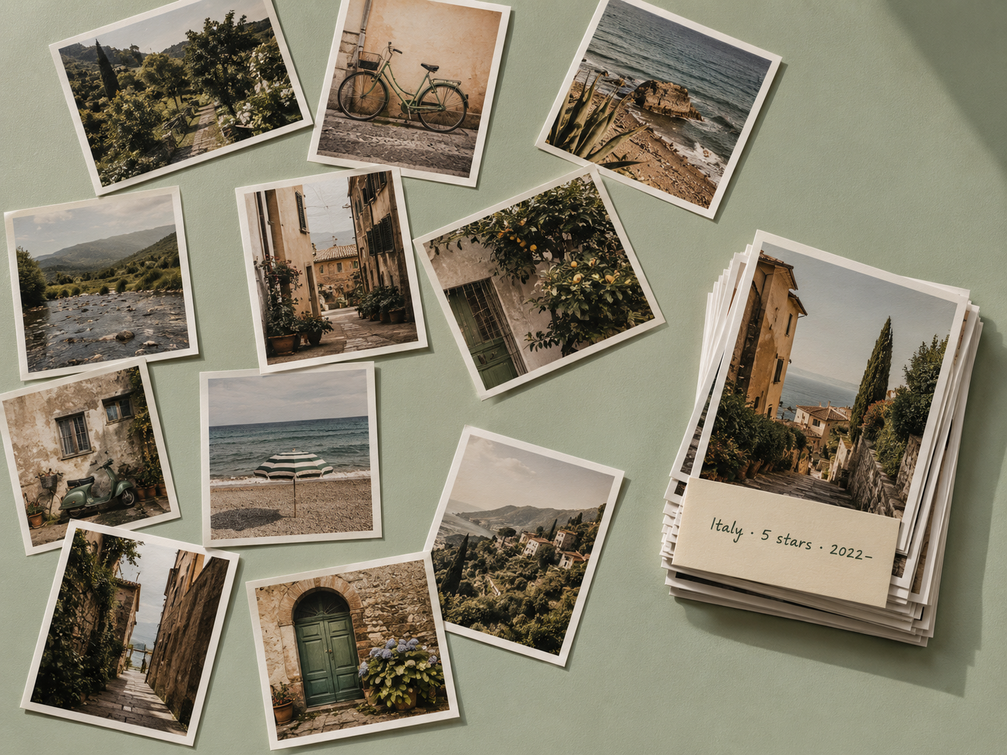 Scattered photo prints with a self-organised stack in the corner