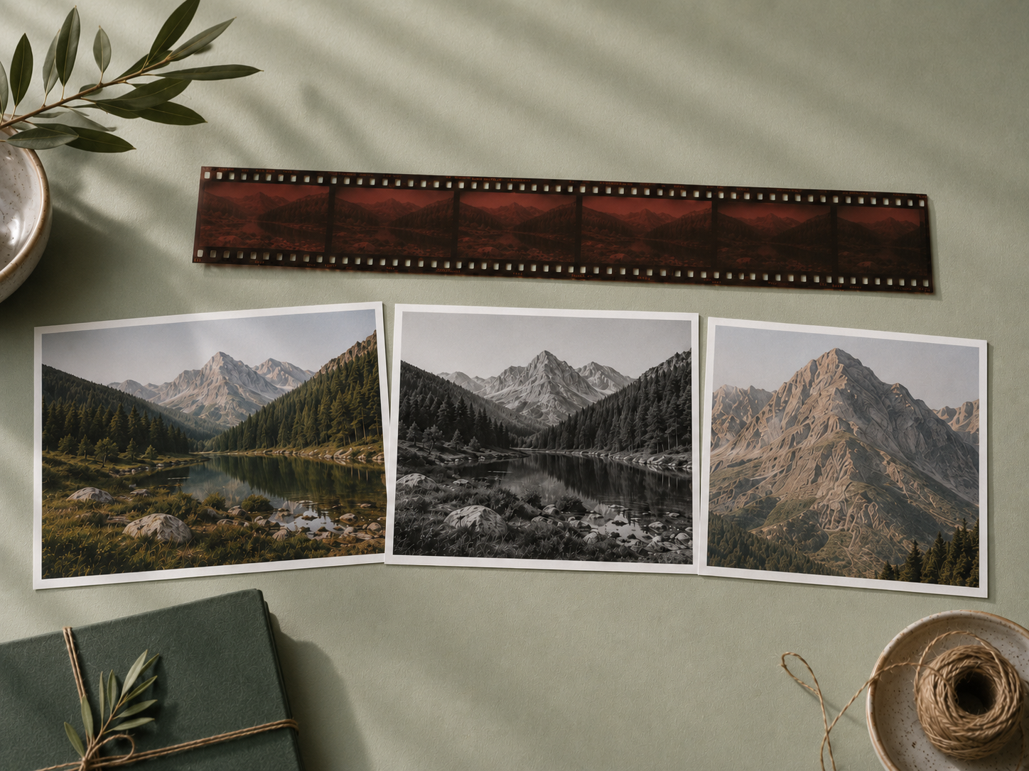 Three prints of the same scene in colour, black and white, and cropped