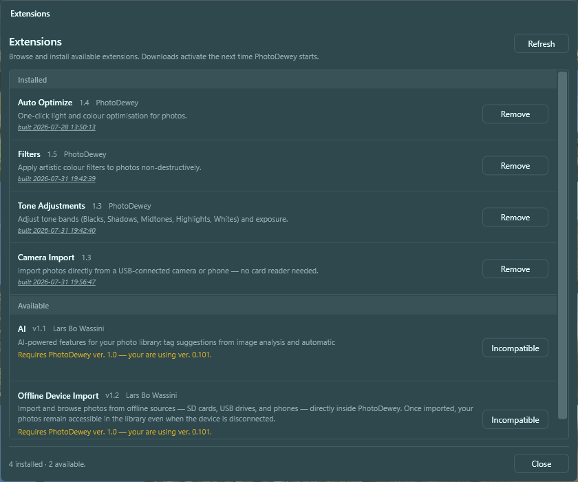 PhotoDewey extensions management dialog