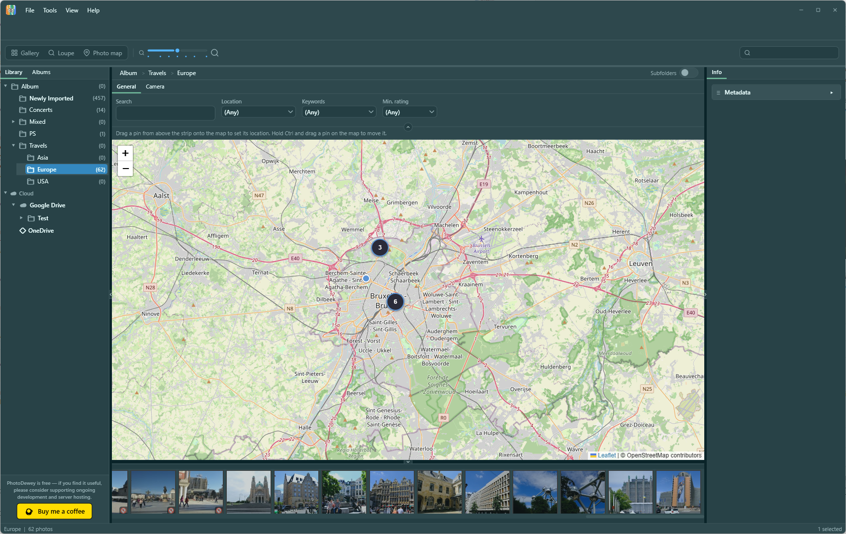 PhotoDewey photo map view showing geotagged photos