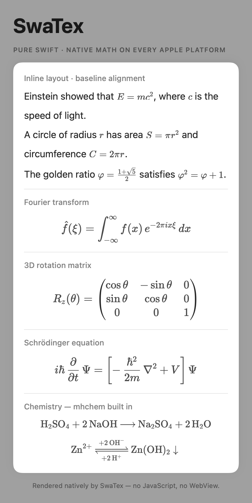 SwaTex rendering inline math with baseline alignment, a Fourier transform, a 3D rotation matrix, the Schrödinger equation, and mhchem chemistry — light mode