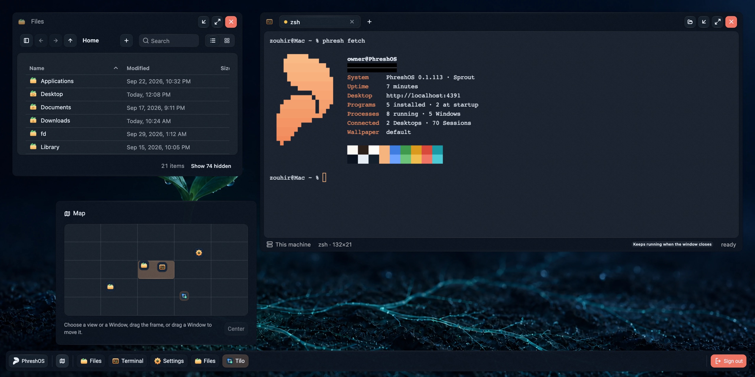 The PhreshOS Desktop: Terminal showing phresh fetch, Files, and the Map with windows beyond the view