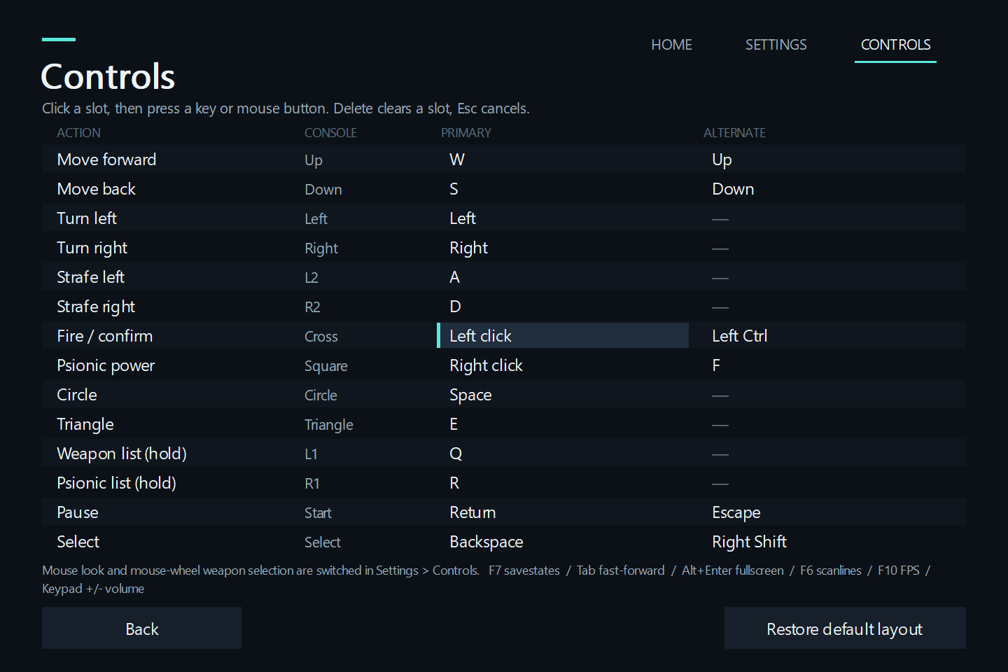 Controls page