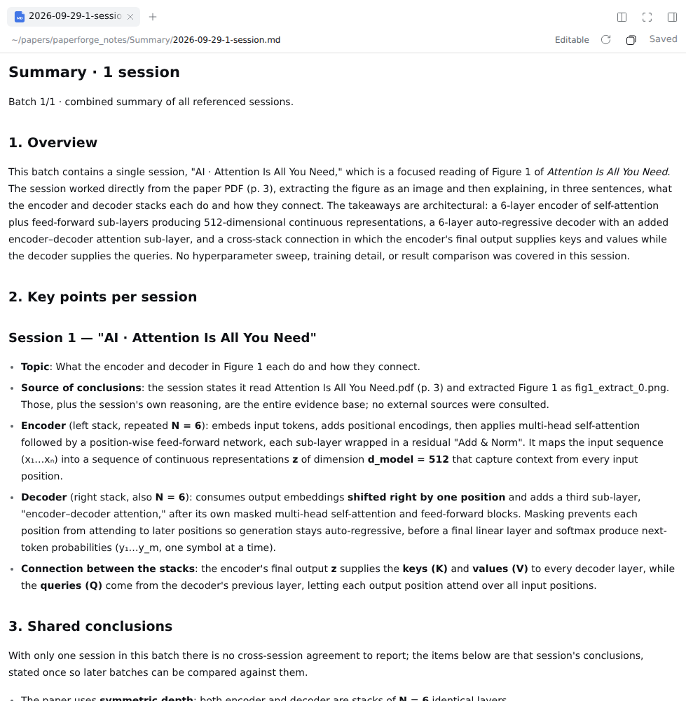 Summary: the AI writes a summary of several sessions into Markdown