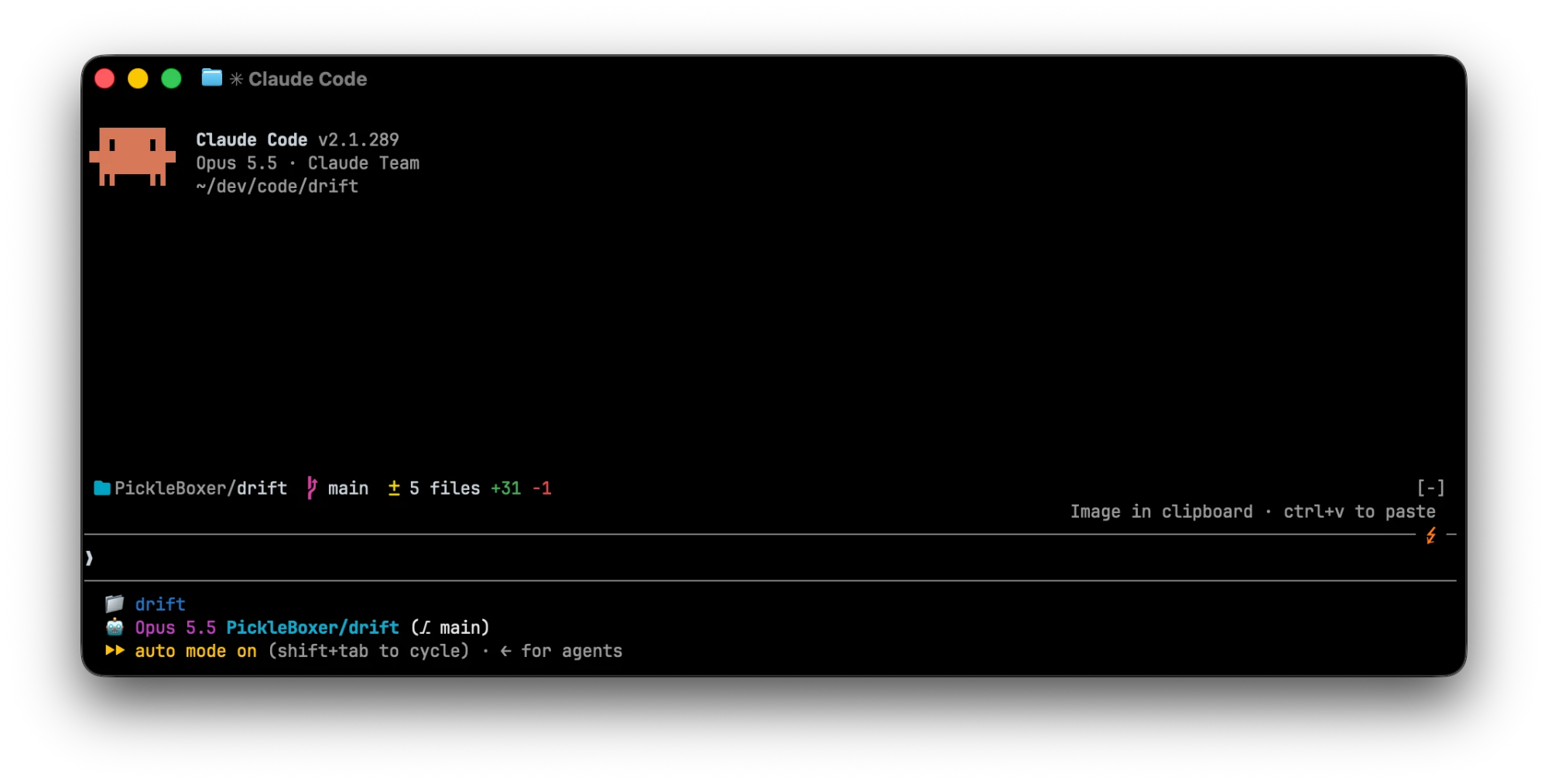 drift's band above the Claude Code prompt in the terminal, with Nerd Font icons