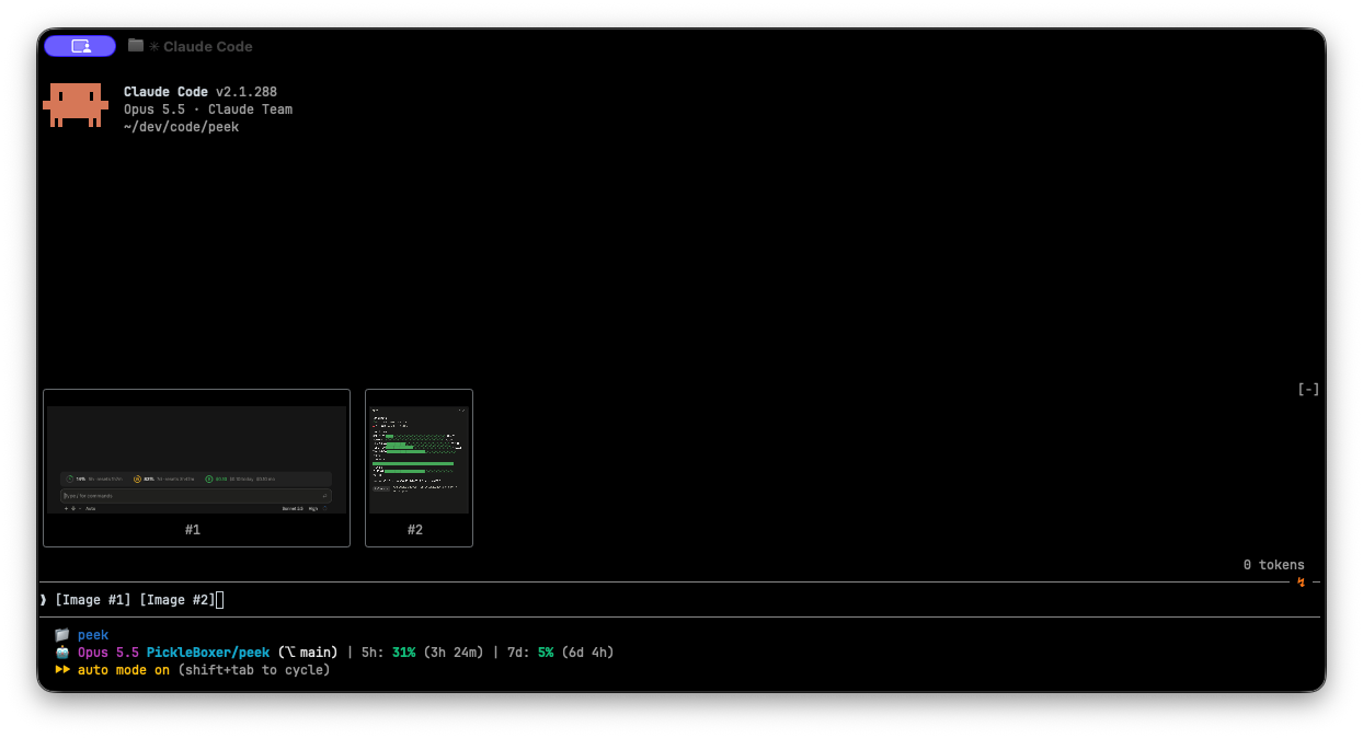 peek showing two pasted images as tiles above the Claude Code prompt