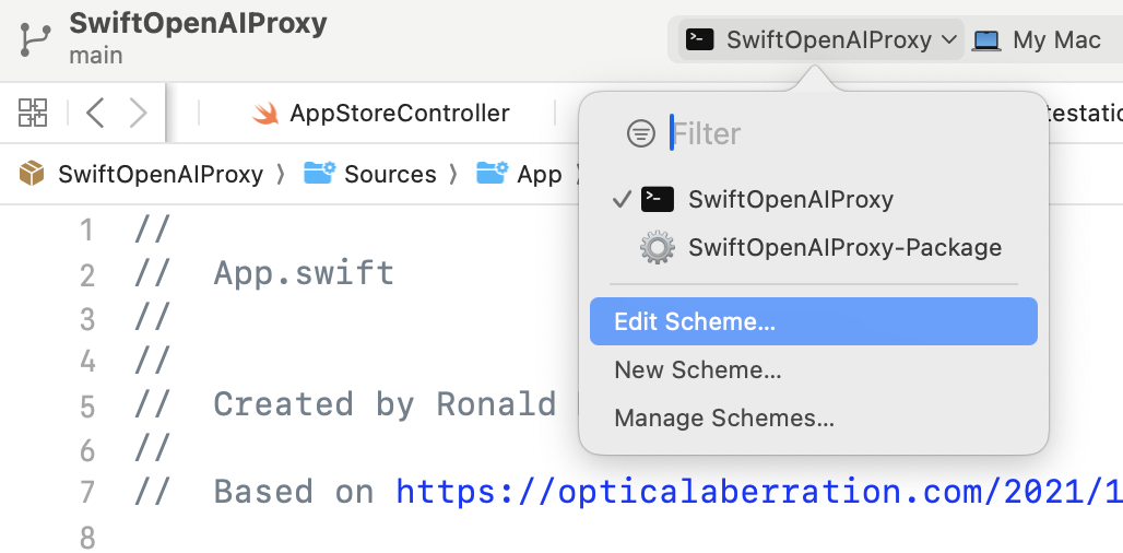 Xcode screenshot of edit scheme menu