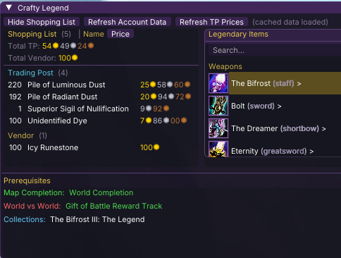 Crafty Legend – aggregated shopping list