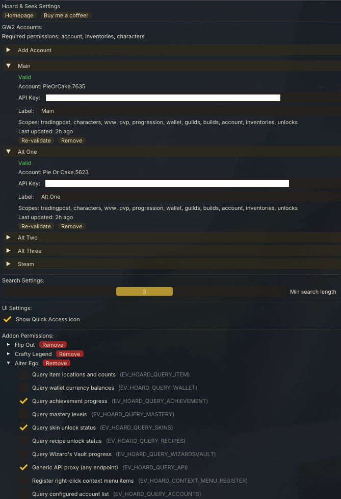 Hoard & Seek – options and multi-account setup