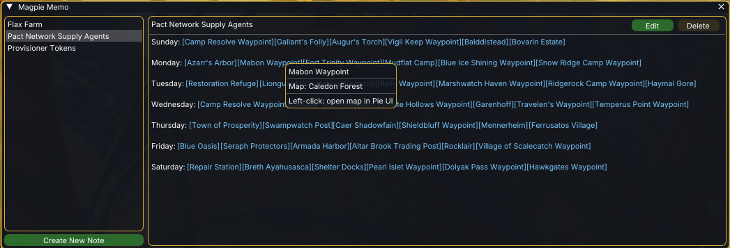 Magpie Memo – a note listing PSNA agent locations with waypoint chips