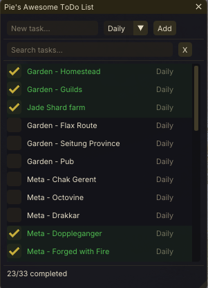 Pie Todo – default theme with completed tasks highlighted in green