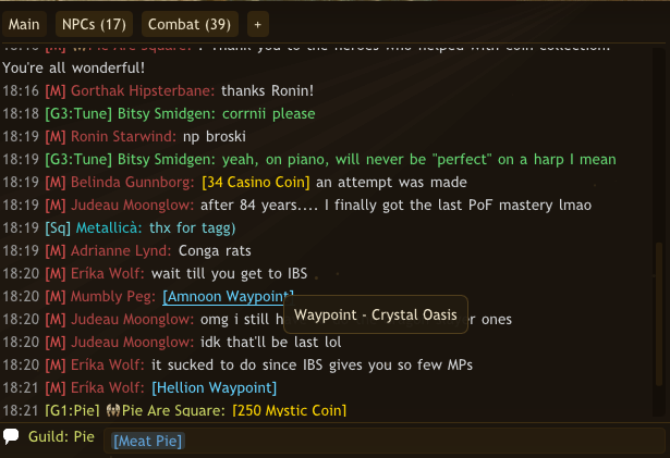 Pie UI – chat box with waypoint links, unread-count tabs and the send bar